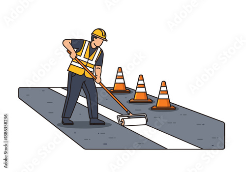 A road maintenance worker in a safety vest and hard hat carefully paints a white dividing line on an asphalt street with a roller
