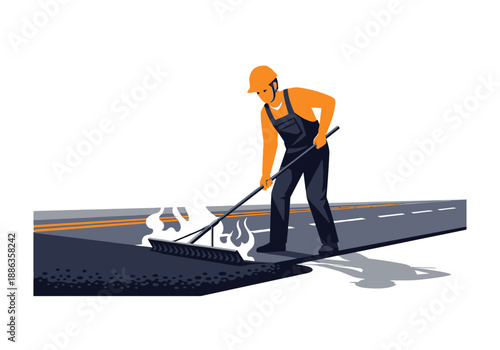 Industrial road worker in uniform laying fresh hot asphalt on a highway. Vector illustration of road construction and infrastructure maintenance