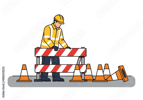 A road maintenance worker in a safety helmet and vest sets up a striped barricade and orange traffic cones on a street for a construction zone