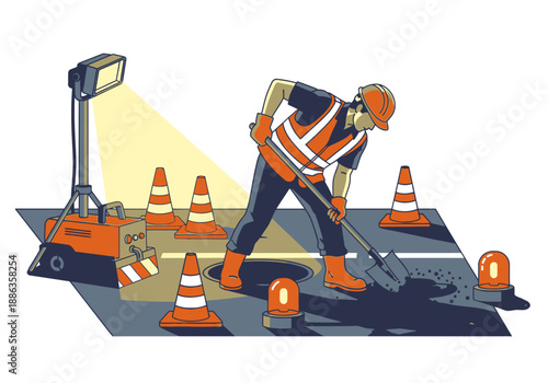A lone construction worker diligently performing road repairs at night, illuminated by a floodlight and surrounded by safety cones