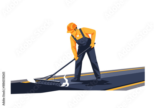 Vector illustration of a construction worker with a hard hat laying fresh hot tarmac during road maintenance and infrastructure repair