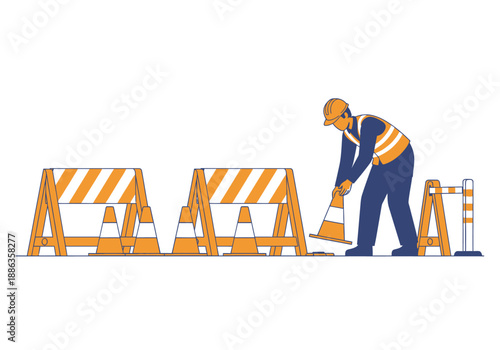 Illustration of a construction worker in a safety vest setting up orange traffic cones and barricades for road work