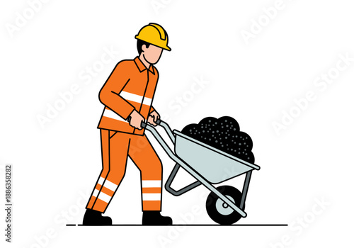 A dedicated construction worker in bright orange safety gear and a yellow hard hat pushes a heavy wheelbarrow full of materials