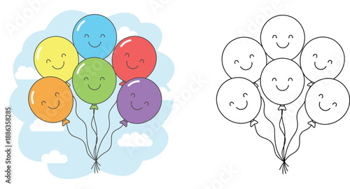 Cute colorful smiling party balloons bunch and line art coloring page version for kids activity, set of happy balloons with strings isolated on white background with clouds