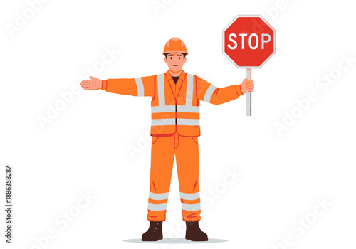 A road worker in high-visibility safety clothing and hard hat holds a stop sign to direct traffic, representing road safety and construction zone regulation