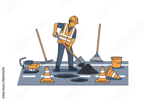 Vector illustration of a road maintenance worker in a safety vest repairing potholes on an asphalt street with a shovel and traffic cones