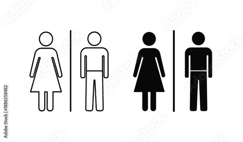 Four simple human icons representing men and women in line for toilet or bathroom