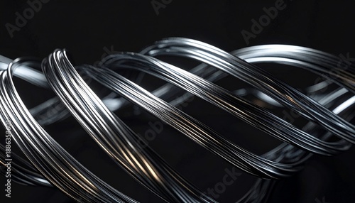 Close-up of intertwined metal wires, sharply lit against a dark background, revealing texture