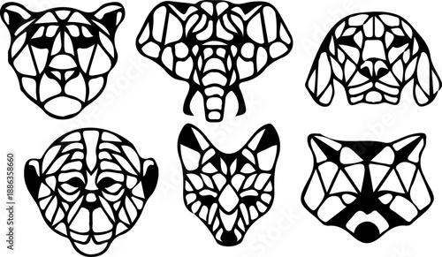 Abstract Geometric Animal Head Vector Collection Showing Polygonal Wildlife Faces in Modern Low Poly Line Art Style