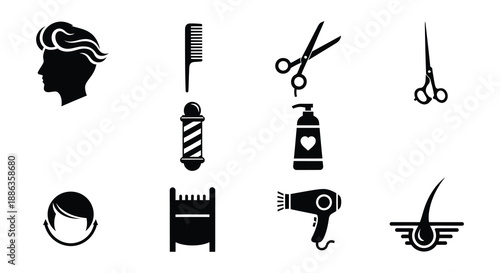 Barber shop icons representing tools and services for hair styling