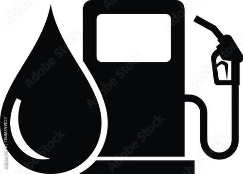 Fuel station icon with droplet and pump, black and white signage symbol, gas service graphic, flat vector illustration