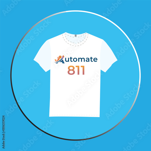 White T-Shirt Mockup with "Automate 811" Logo Design on Blue Circular Background.