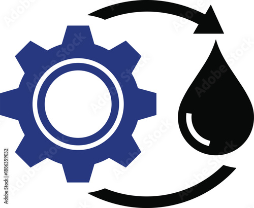 Gear and droplet icon, fluid dynamics, lubrication system, mechanical process, circular arrows, engineering symbol, flat vector illustration