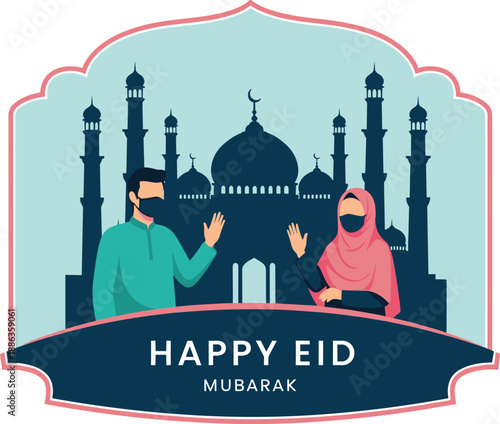 Happy Eid Mubarak celebration graphic, masked people greeting, mosque silhouette, festive Islamic design, cultural holiday icon, flat vector illustration