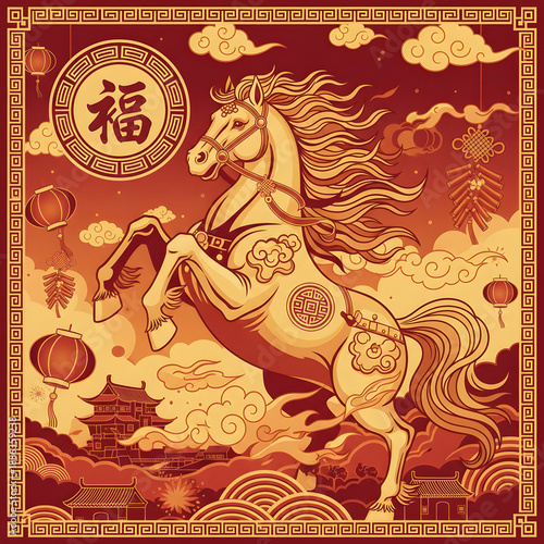 Chinese New Year 2026 Year of the Horse Illustration, Golden Zodiac Horse with Ancient Architecture, Lanterns, Firecrackers and Fu Character, Traditional Asian Lunar New Year Banner and Poster Art