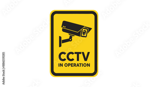 A yellow sign with a black border and a cctv camera icon indicating cctv in operation for security and surveillance purposes always