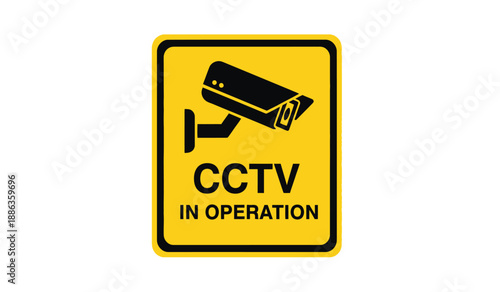 A yellow warning sign with a black border and a cctv camera icon indicating surveillance in operation