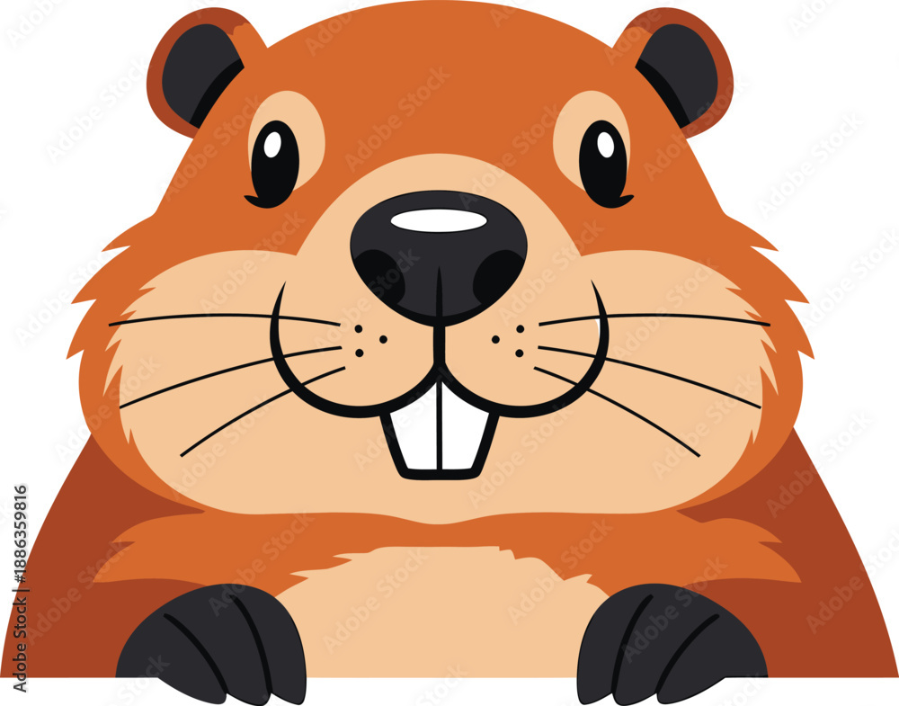 Naklejka premium Cute cartoon groundhog peeking over a surface, happy rodent character illustration