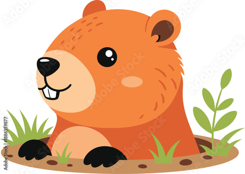 Cute cartoon groundhog peeking out of a hole in the ground with grass and plants around it, happy expression, vector illustration
