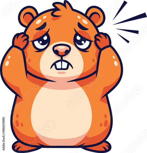 A cartoon orange bear with a frustrated expression on its face