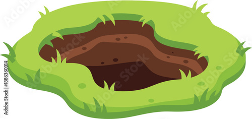 A cartoon illustration of a green grassy hole in the ground with brown dirt inside