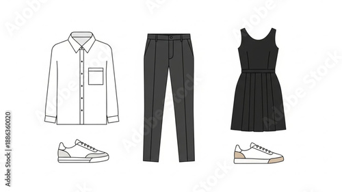 Fashion Outfit Flat Lay Collection Of Clothing And Shoes.