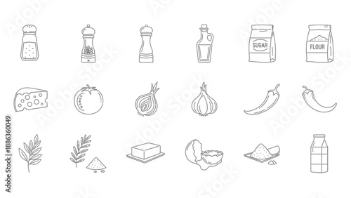 A comprehensive set of delicious food ingredient line icons depicting common culinary staples like spices vegetables dairy and baking supplies for recipe design