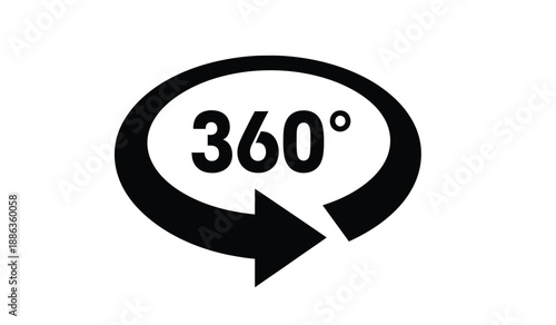 Black 360 degree rotation arrow icon on for indicating full circle movement or rotation