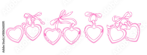 Hand drawn pink heart-shaped locket illustrations set with bows. Romantic vintage frames for photos or love letters.