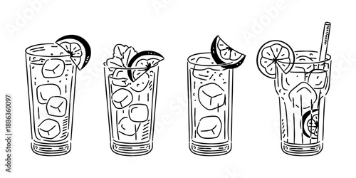 Refreshing cocktail drinks collection. Hand drawn Long Island Ice Tea illustrations for bar menus and summer posters.