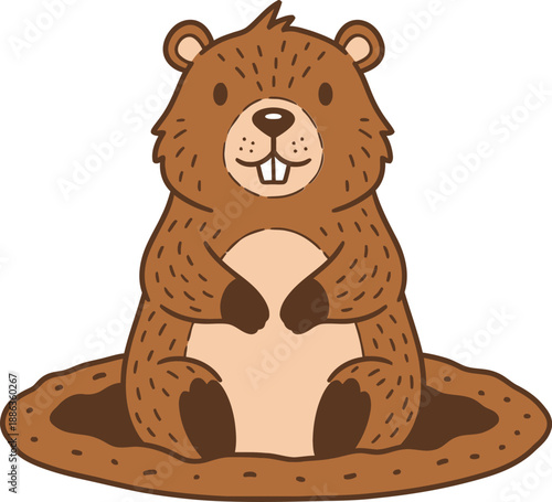 A cute cartoon beaver sitting in its burrow on a sunny day with a happy expression on its face