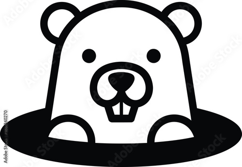 A black and white illustration of a bears head peeking out from a hole in the ground