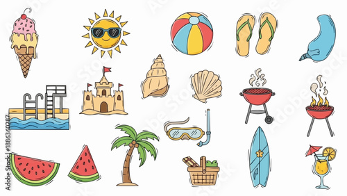 Summer vacation and beach holiday icons collection.