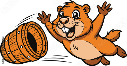 A cartoon groundhog jumping over a wooden barrel on a with a happy expression
