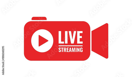 Red live streaming camera icon with white play button and text