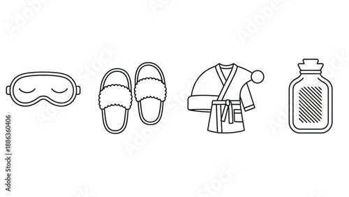Essential collection of black and white line icons representing cozy comfort items for relaxation and bedtime including a sleep mask fuzzy slippers a robe and a hot water bottle