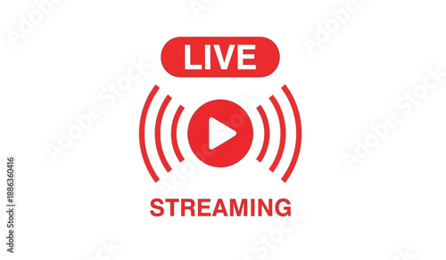 Red live streaming icon with play button on for online video broadcast