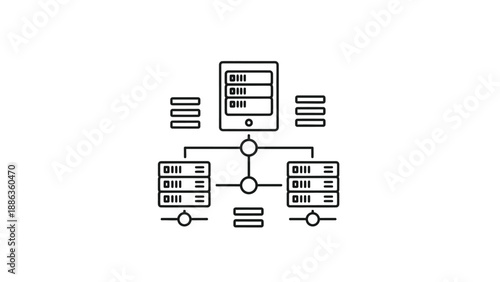 Simplified line icon illustrating distributed database architecture connecting a central mobile device interface with multiple clustered server racks for scalable data management systems.
