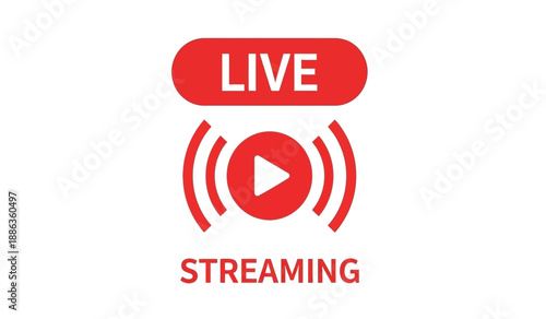 Red live streaming icon with play button on for online video broadcast and media concept
