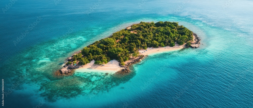 Fototapeta premium Tropical Island With Lush Green Forest Surrounded By Turquoise Blue Ocean Waters trees