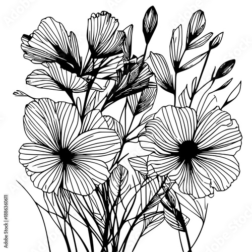 Chaotic botanical black line art depicting wild abstract flowers with messy flowing lines — artistic ink illustration on plain white background