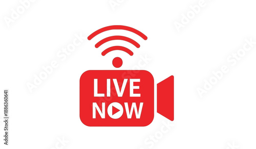 Red live now streaming icon with wifi signal on for online broadcast or video transmission