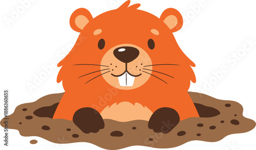 Cute cartoon orange groundhog popping out of a brown dirt hole, funny animal character illustration