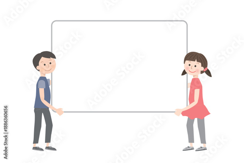 大きな空白のボードを持つ男の子と女の子