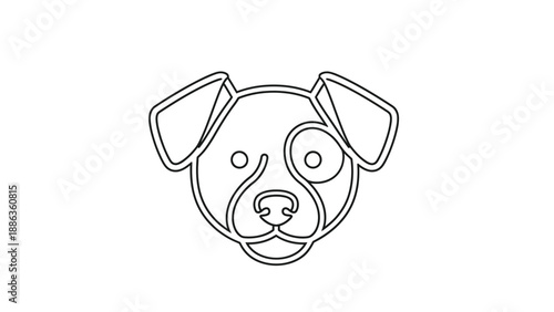 Simple black and white line art illustration depicting the stylized head of a cheerful small dog featuring a distinctive patch around one eye for minimalist design use