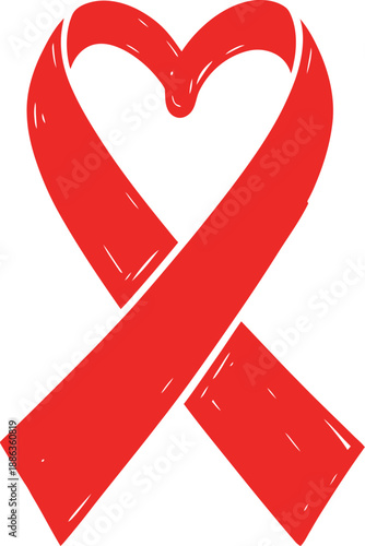 Hand drawn red awareness ribbon shaped like a heart, symbolizing love, support, and solidarity for causes like aids, heart disease, or substance abuse awareness