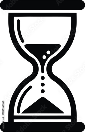 Black and white icon of an hourglass with sand running, symbolizing time passing, waiting, or measurement