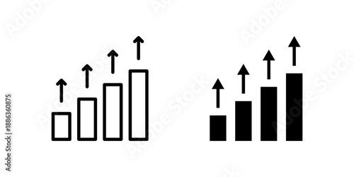 Progress and growth bar graph icon set with ascending bars and upward arrows