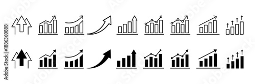 Business growth and success chart icons set: a collection of rising graphs and upward arrows