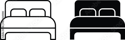 Double bed icon set, outline and filled style, simple vector illustration of bedroom furniture
